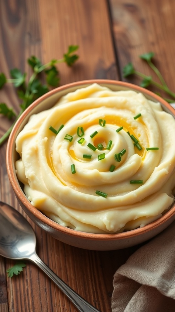A bowl of creamy mashed potatoes garnished with chives on a rustic wooden table.
